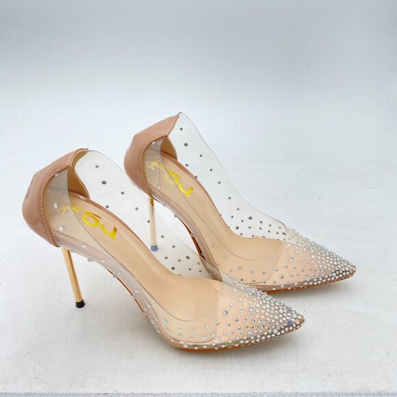 FSJ Nude Women Studded Pointed Toe Transparent Pumps High Heels Shoes - Picture 4 of 8